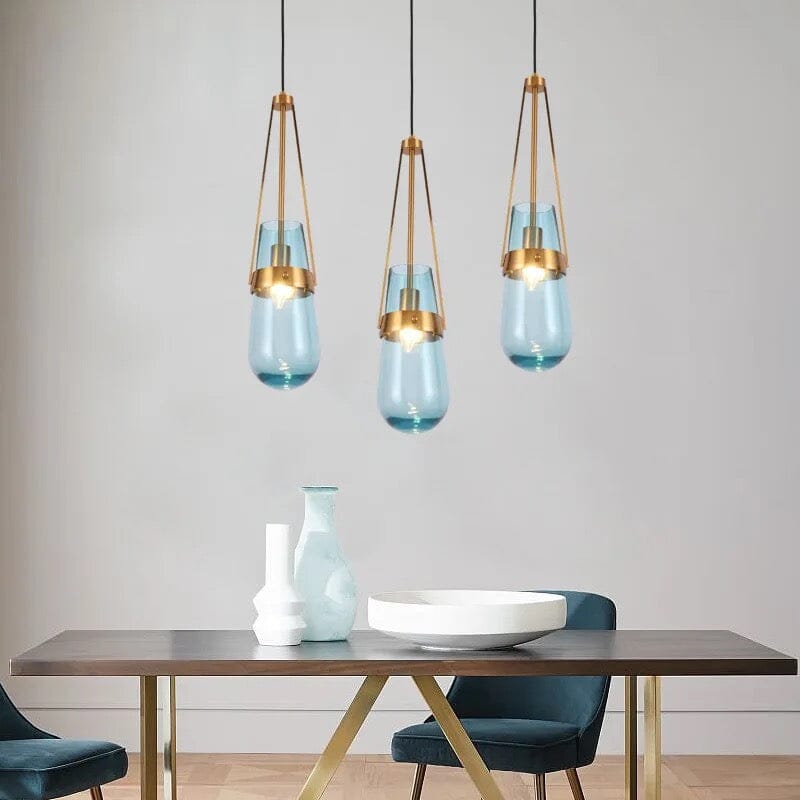 AzureDrift Sky Blue Glass Pendant Light with Brass Accents