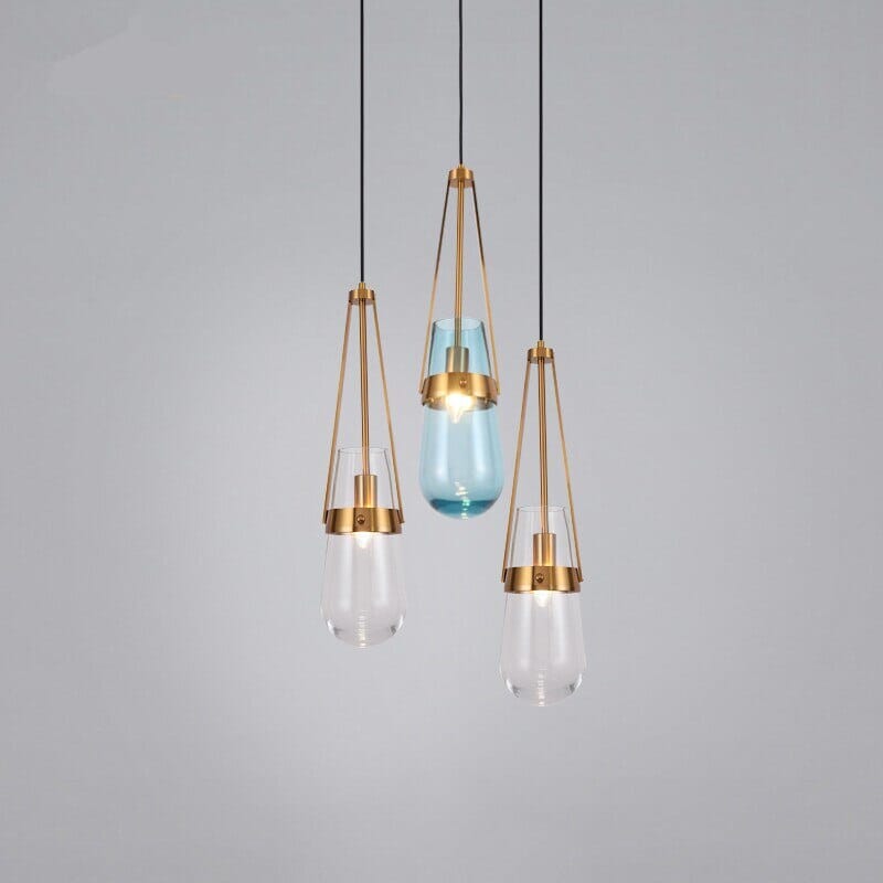 AzureDrift Sky Blue Glass Pendant Light with Brass Accents