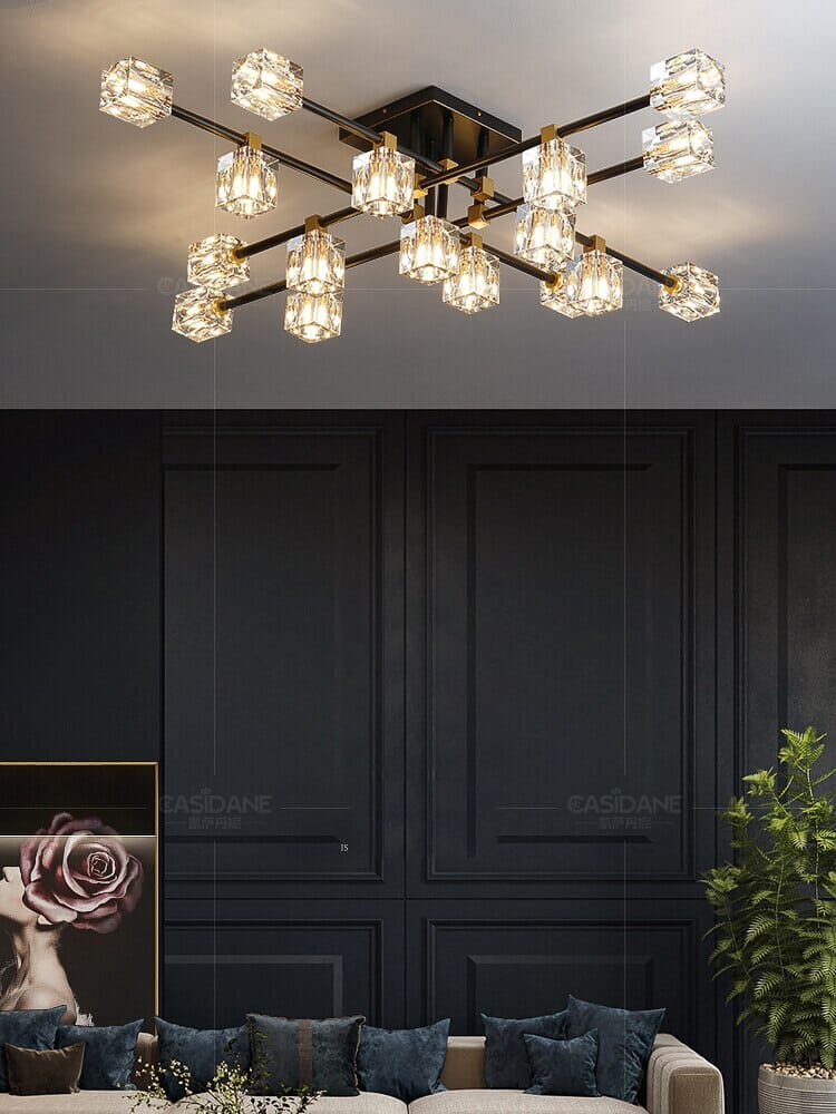 NoirCube Black Crystal Chandelier With Gold Edges And G9 LED